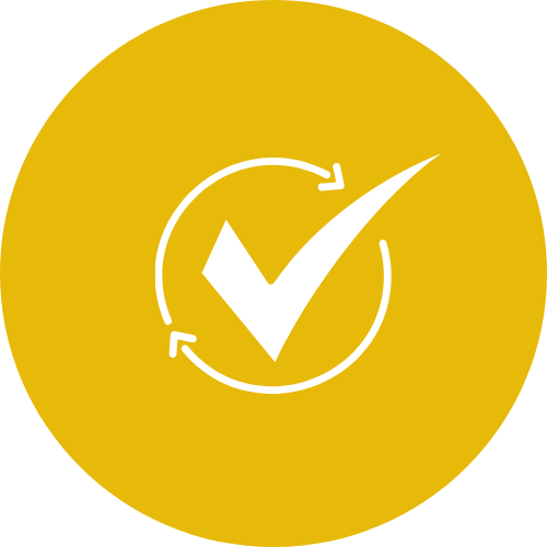 Yellow circular background with a white check mark inside a circular arrow, symbolizing completion or approval.