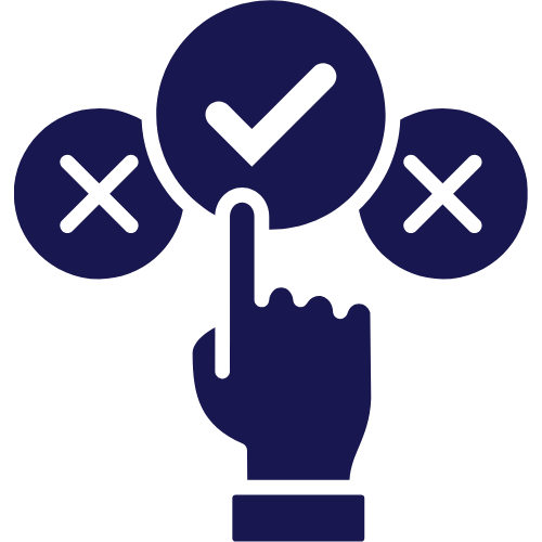 A hand pointing to a checkmark in a circle, with two X marks in circles on either side, representing making a choice or decision.