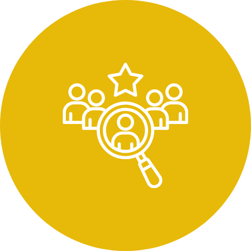 Icon of a magnifying glass focusing on a person, with five other people and a star above, representing talent or evaluation.