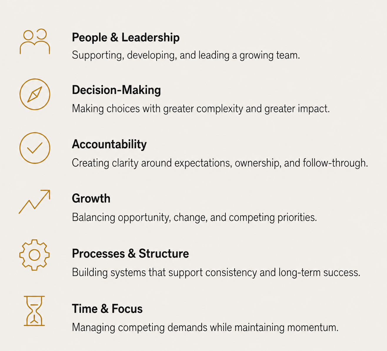 Common leadership and business growth challenges including team leadership, decision-making, accountability, organizational growth, business processes, and time management.