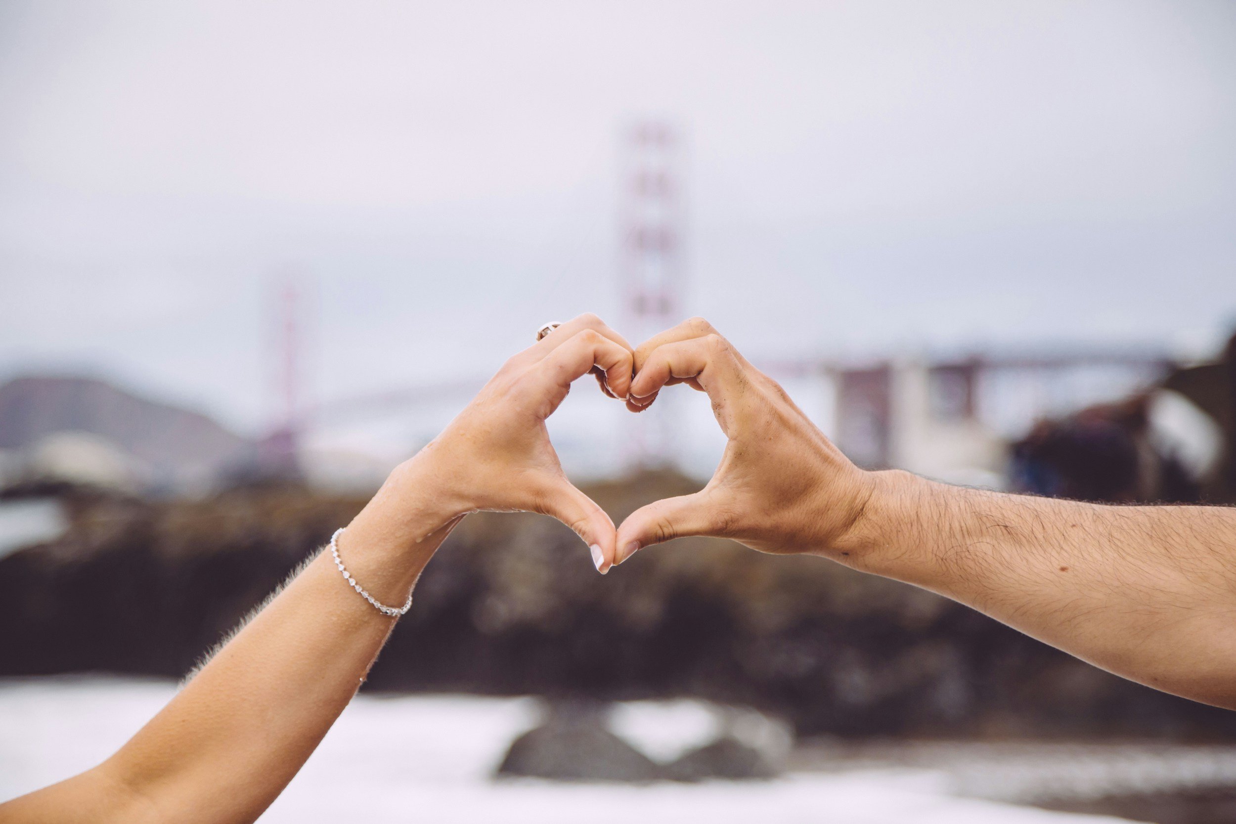 Hands forming a heart shape with a cloudy sky and cranes in the background.