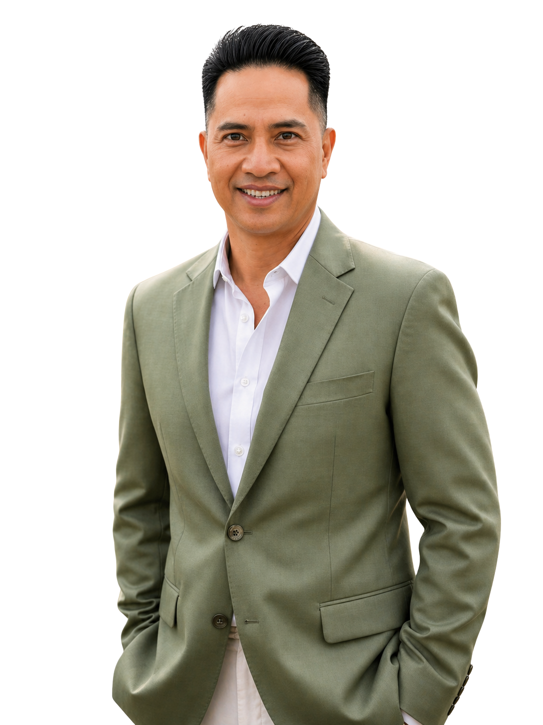 Portrait of a middle-aged man in a light green suit and white shirt, smiling with hands in his pockets.