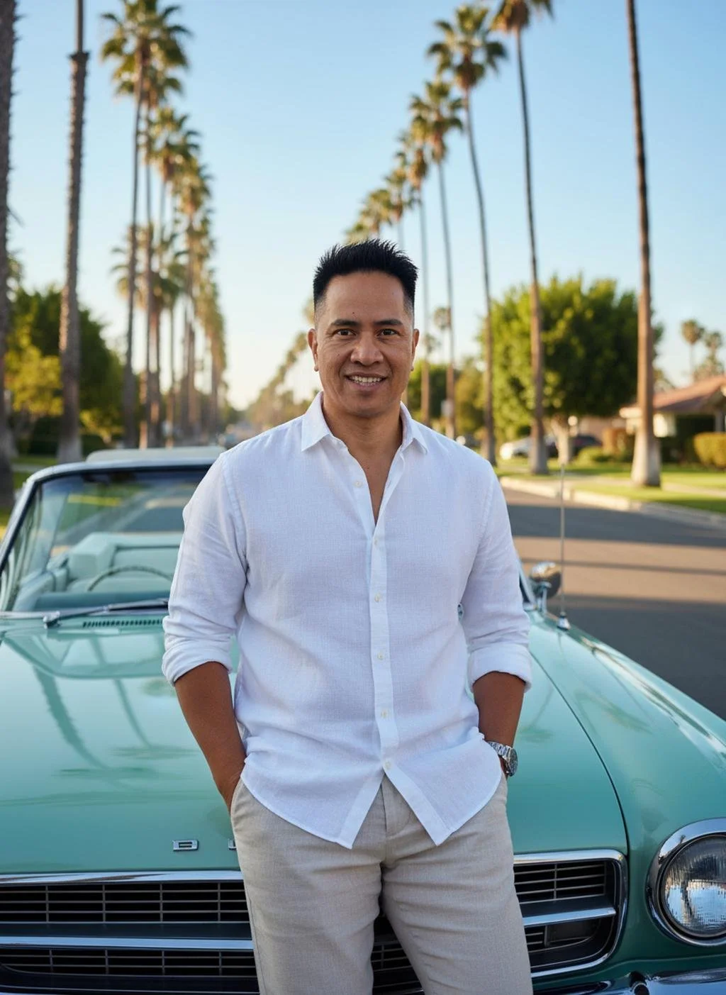 A smiling man wearing a white shirt and beige pants, standing in front of a vintage mint green convertible car on a sunny street lined with palm trees.