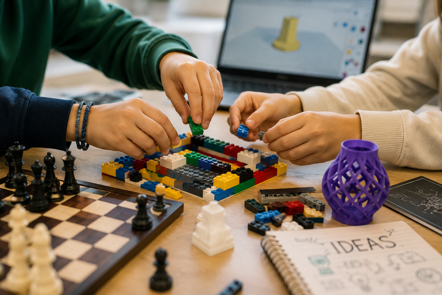 Two people building a LEGO mosaic on a table with a chessboard, a purple vase, a notebook, and a laptop nearby.