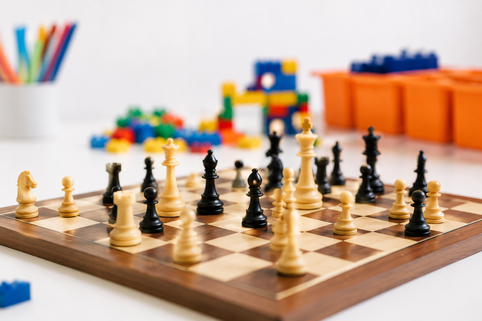 A chess game in progress on a wooden chessboard with black and white pieces, with colorful building blocks and orange storage containers in the background.
