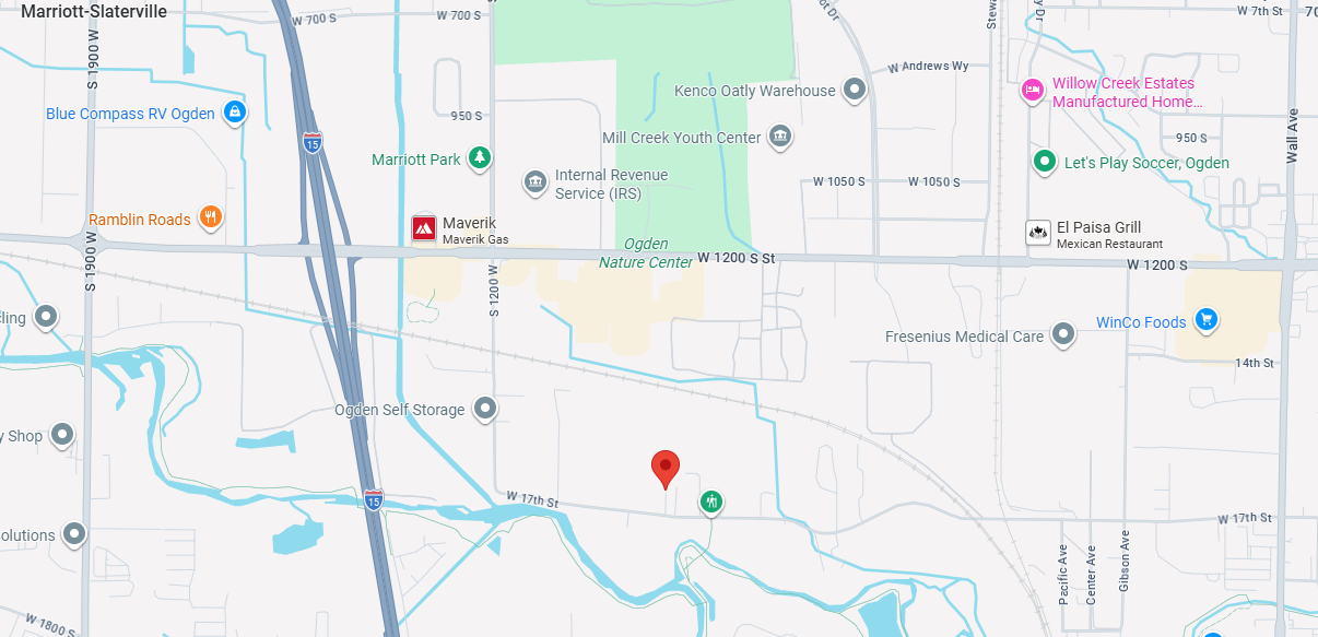 Map showing locations in Ogden, Utah, including Maverik gas station, WinCo Foods, El Paisa Grill, Marriott Park, and other local businesses and landmarks.
