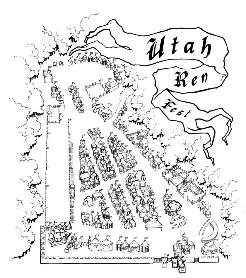 A black and white map of Utah Renaissance Festival with tents, stages, and structures surrounded by trees, and a banner reading 'Utah Ren Fest' at the top.