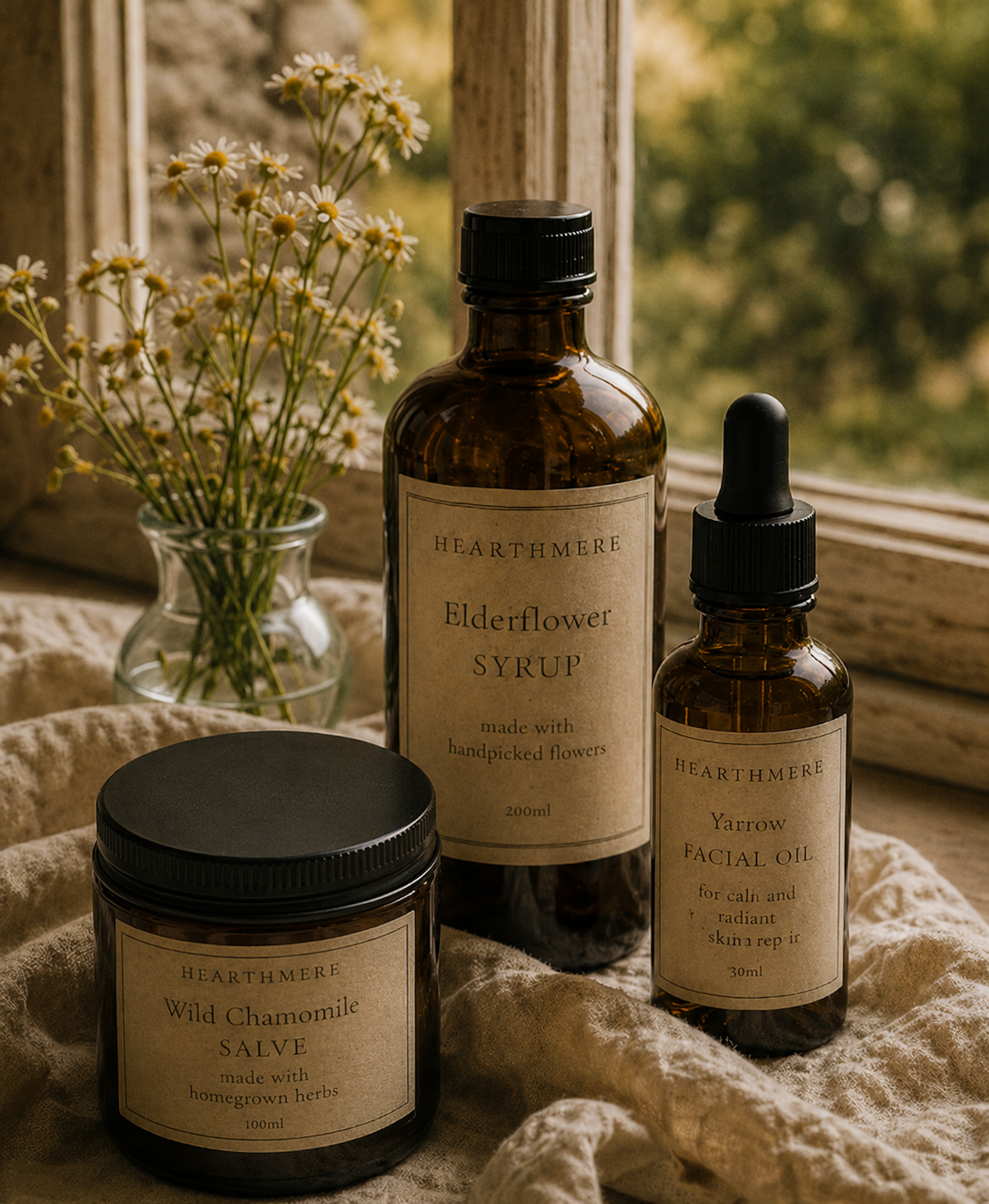 A lit candle, a glass jar with white flowers, and three amber bottles of herbal products on a fabric surface by a window with greenery outside.