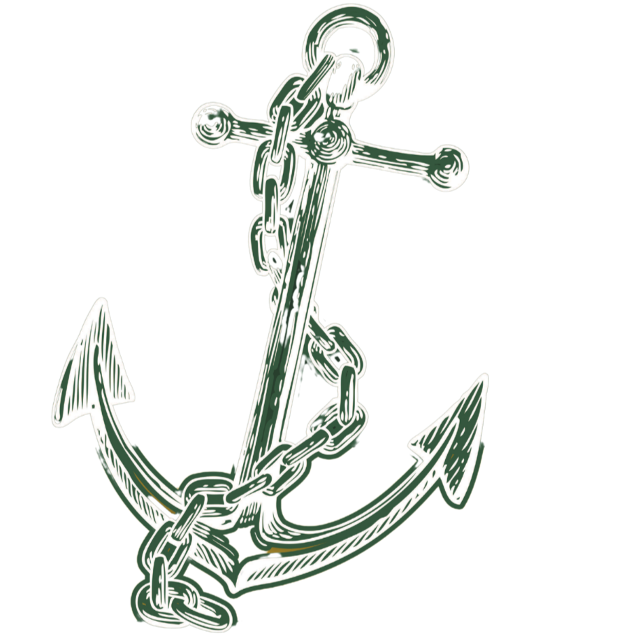 Illustration of a dark green anchor wrapped with a chain on a black background.