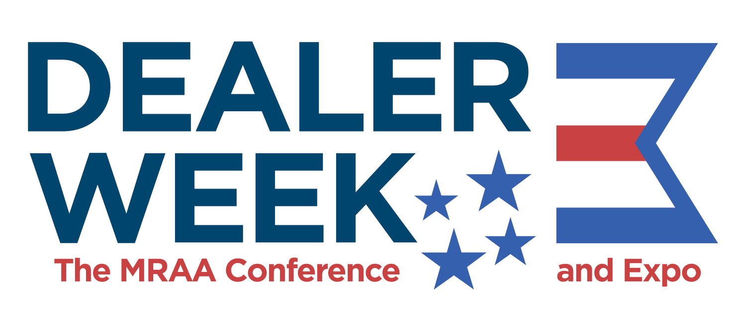 Logo for Dealer Week and Expo, featuring blue and red colors, a stylized American flag, and stars, with the text "Dealer Week" and "The MRAA Conference and Expo".