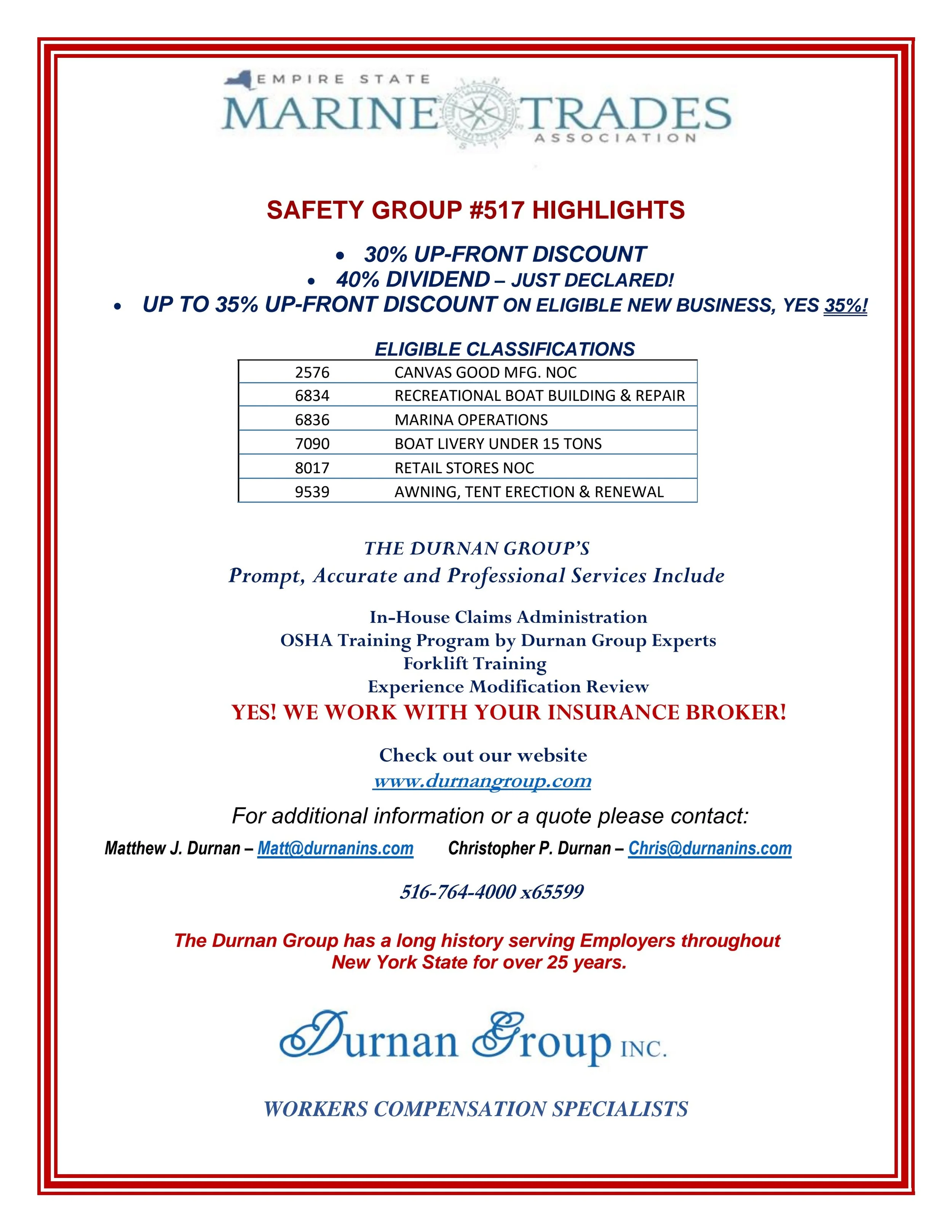 Sample promotional flyer for Durnan Group, a workers compensation specialist, with details about safety group discounts, eligible classifications, and contact information.