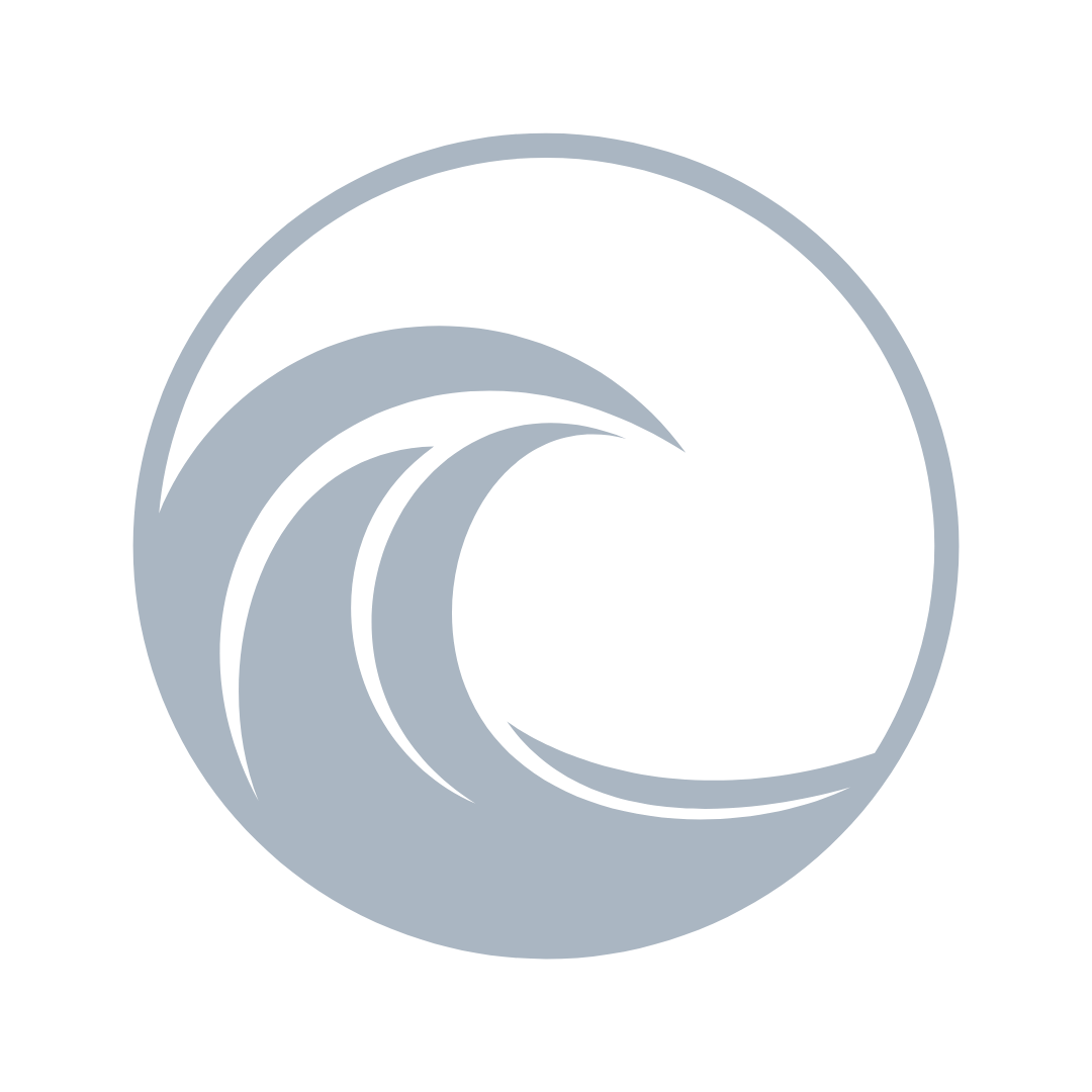 A circular logo with a stylized wave design.