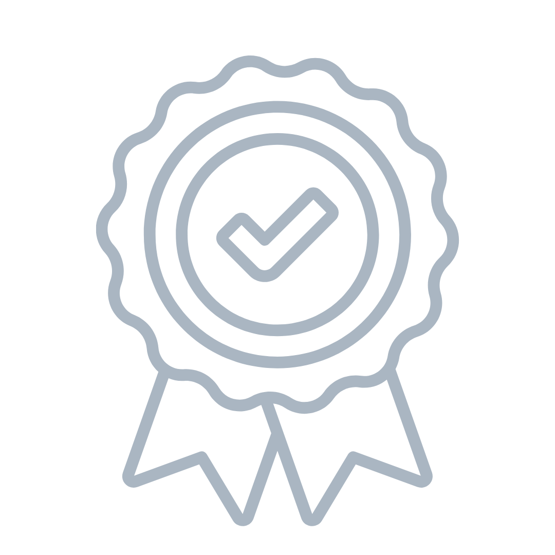 Outline of a ribbon award with a checkmark inside a circle in the center.