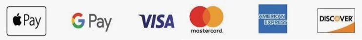 Logo images of Apple Pay, Google Pay, Visa, Mastercard, American Express, and Discover.
