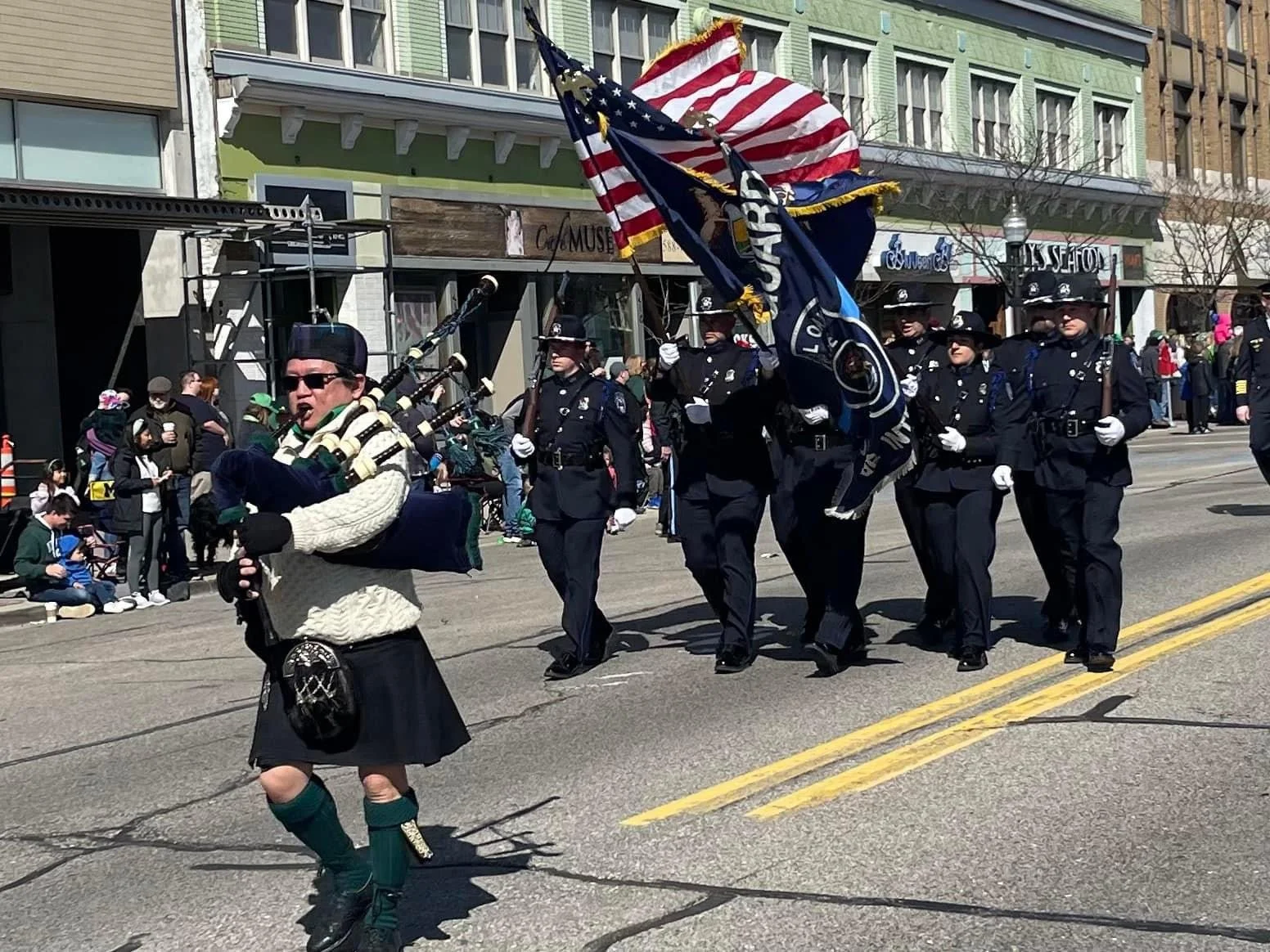 Marcel playing the bagpipes leading the Royal Oak St. Patrick's Day Parade