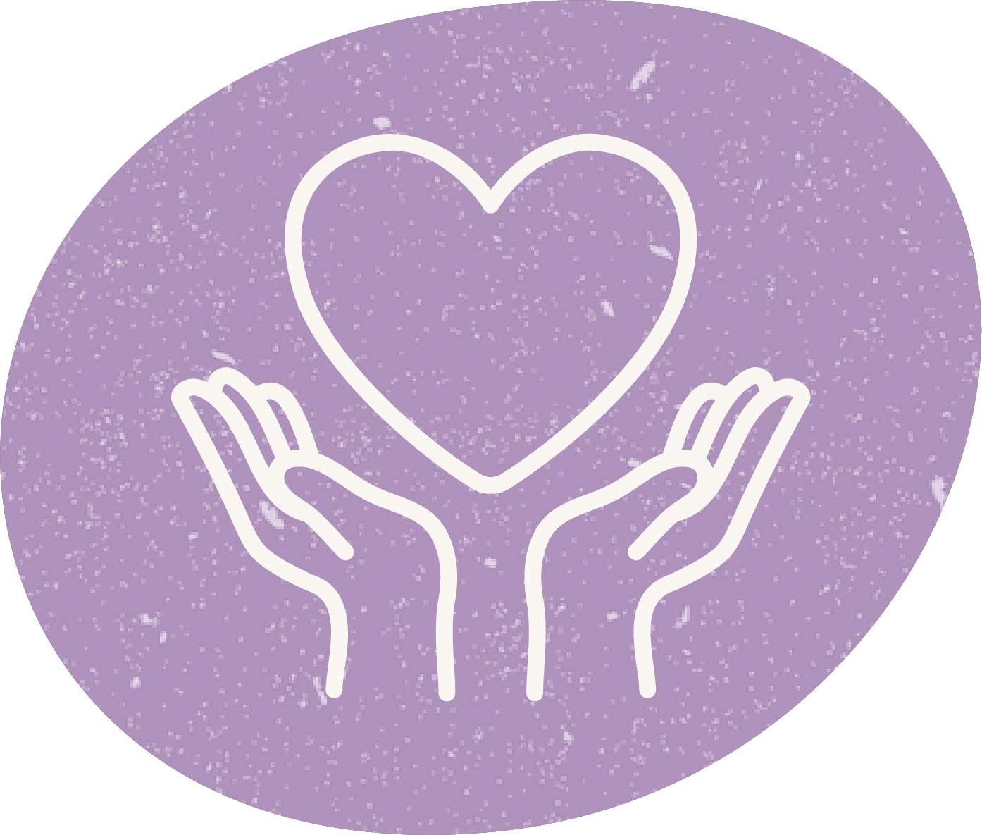 Drawing of two hands holding a heart, with a purple background and white speckles.