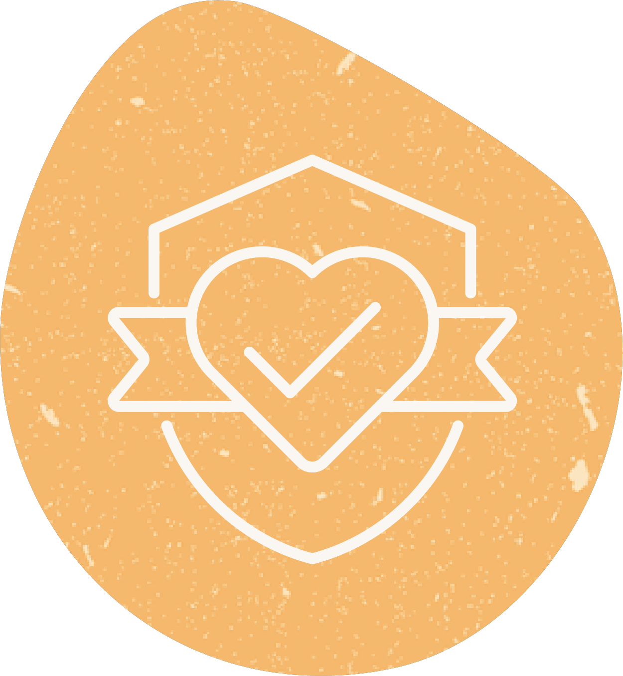 A graphic icon featuring a shield with a heart inside and a check mark, all outlined in white on an orange textured background.
