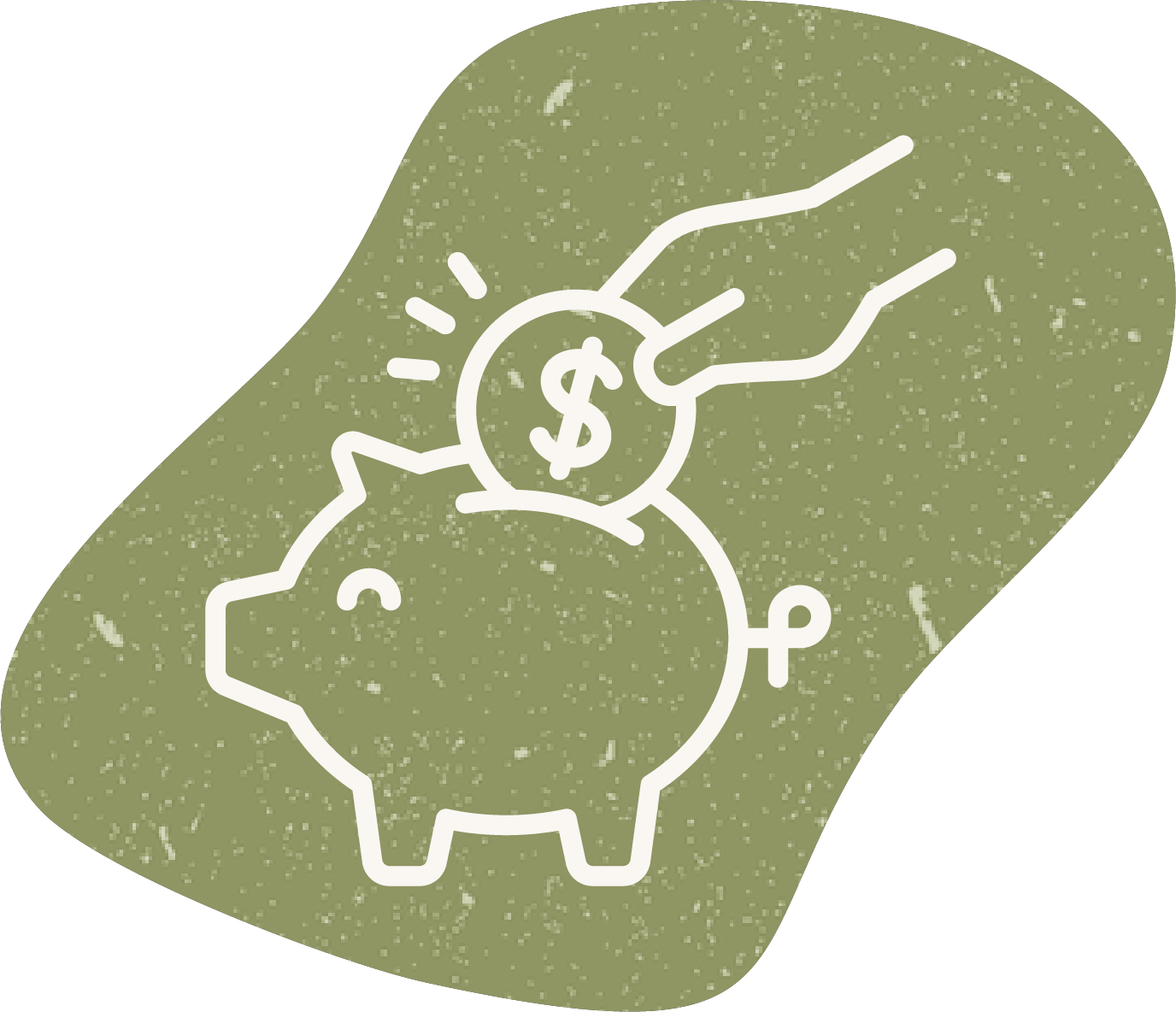 Animated graphic of a piggy bank with a dollar coin being inserted, symbolizing saving money.