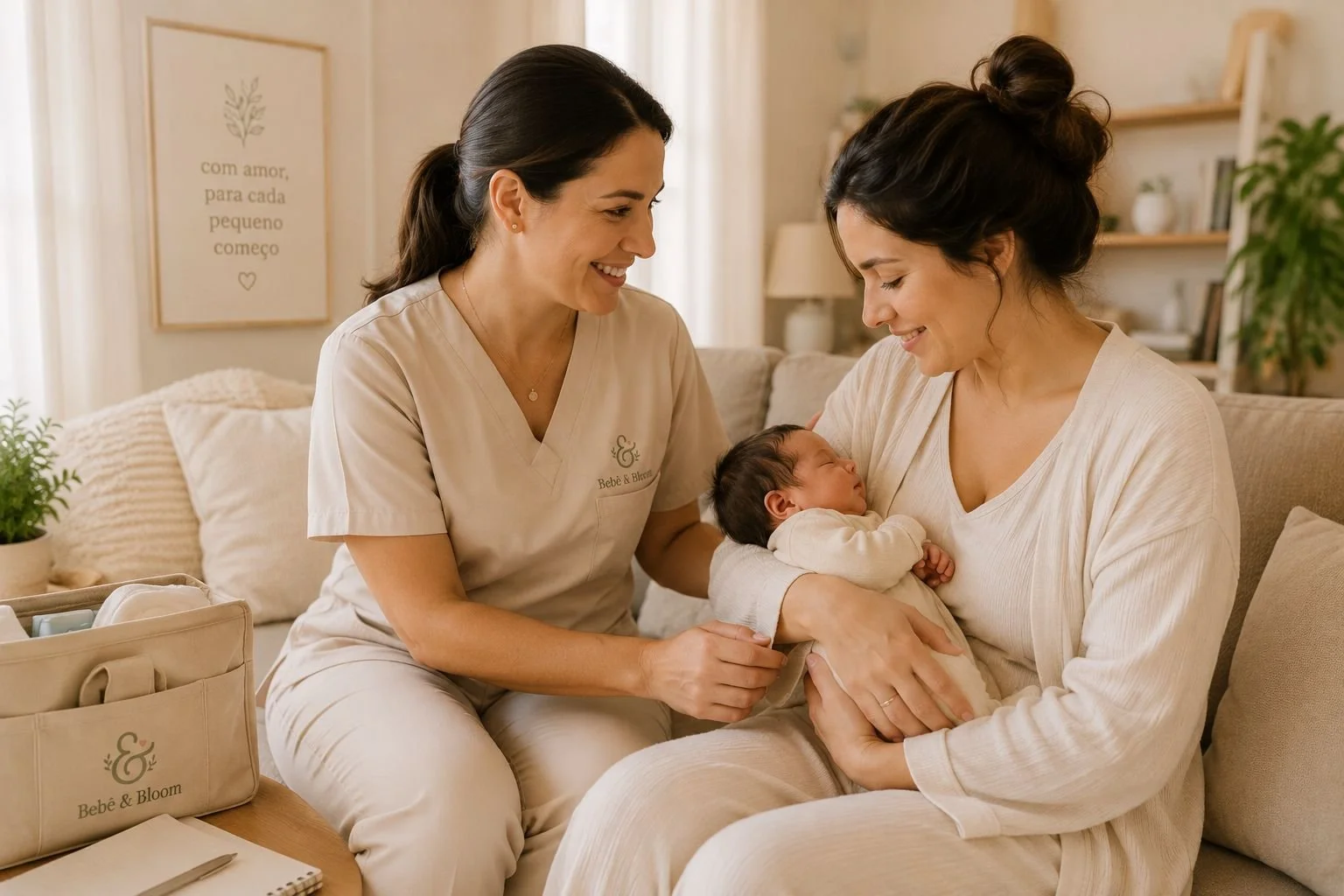 A nurse provides support to a mother holding her newborn baby, both women smiling warmly in a cozy, well-lit room with soft decor.