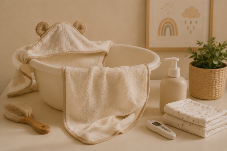 Baby bath essentials including a white bowl with a hooded towel and a bear-ear hood, a wooden baby brush, soap dispenser, digital thermometer, and folded cloth towels on a changing table with framed rainbow art and a potted plant in the background.