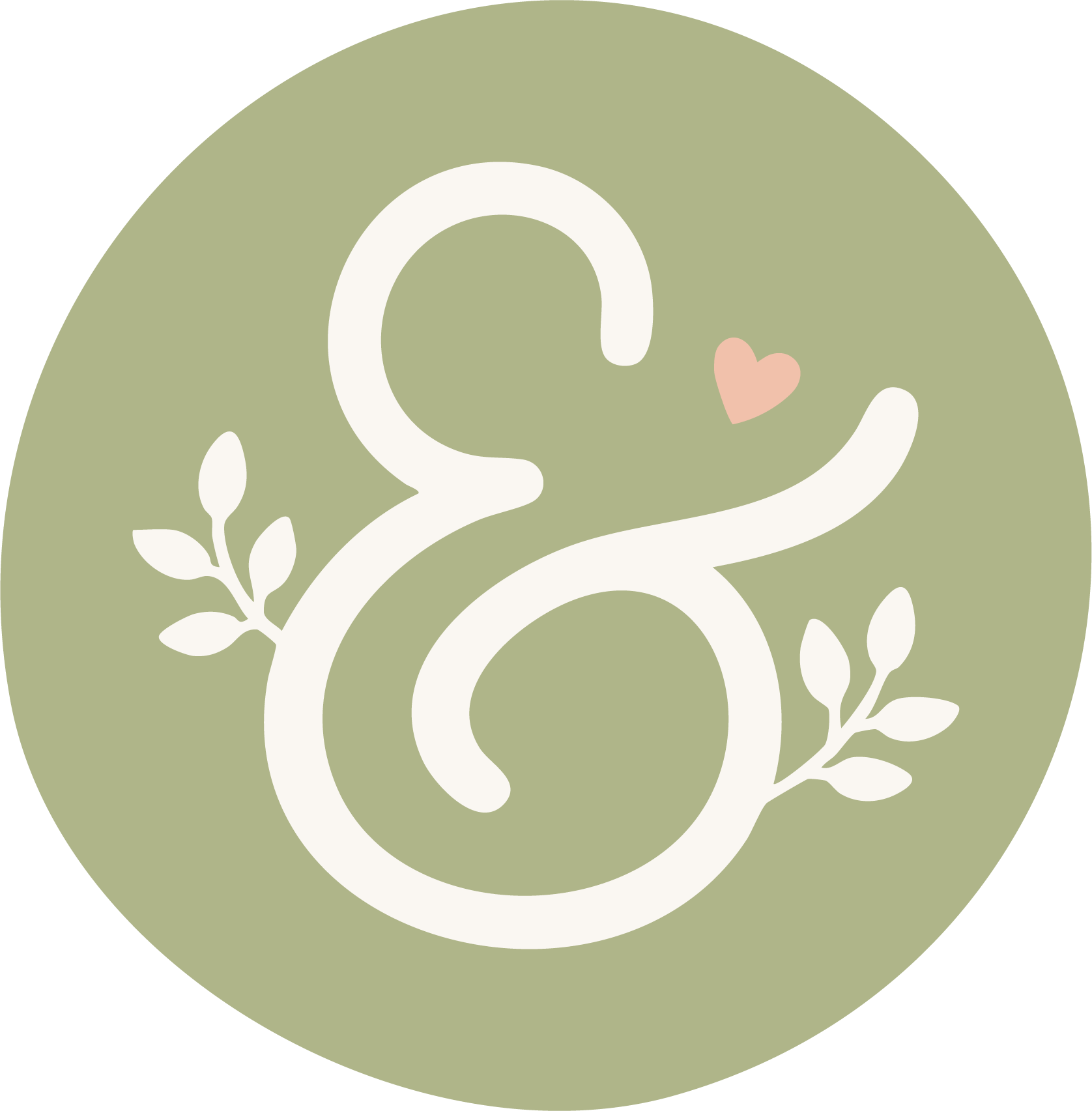 A circular graphic with a light green background, featuring a stylized white letter 'C' intertwined with a white curving line, small white leaves, and a small pink heart.