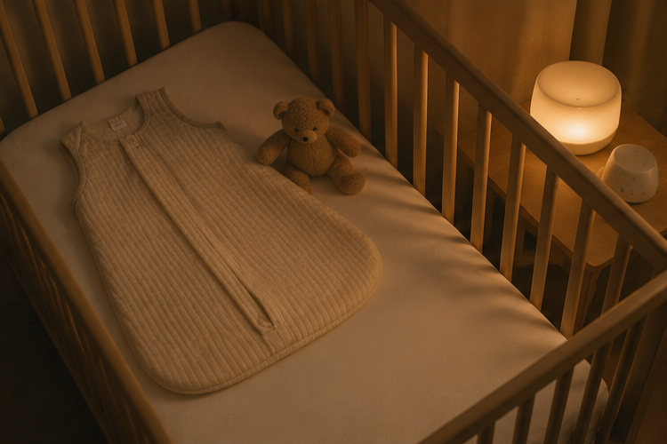 Baby crib with beige sleeping bag, teddy bear, and warm nightlight