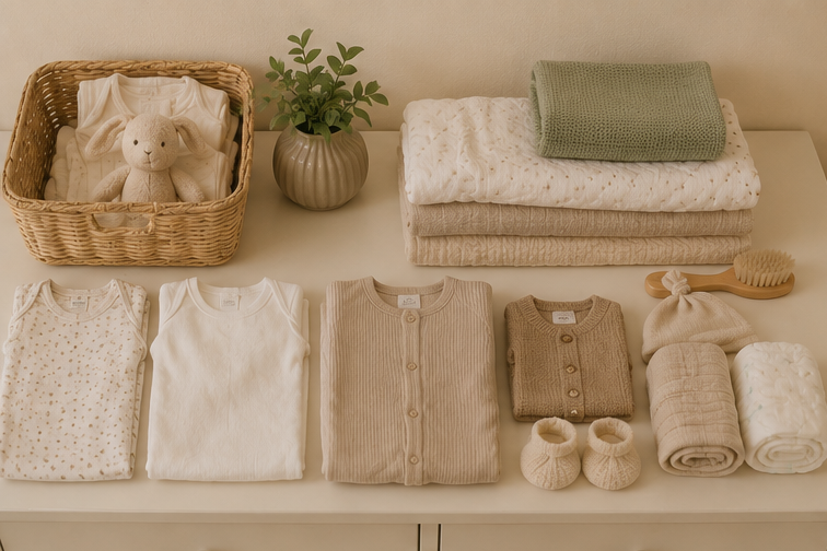 Arrangement of neatly folded baby clothes, accessories, and a stuffed animal on a white surface. Includes a wicker basket with a teddy bear, a plant in a gray pot, and a stack of blankets and towels.