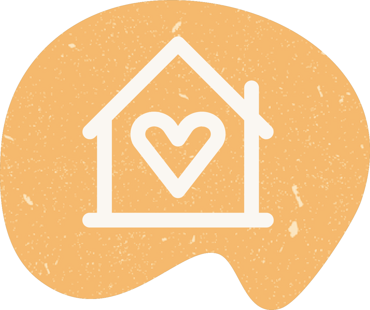 A stylized icon of a house with a heart inside, on a beige textured background.