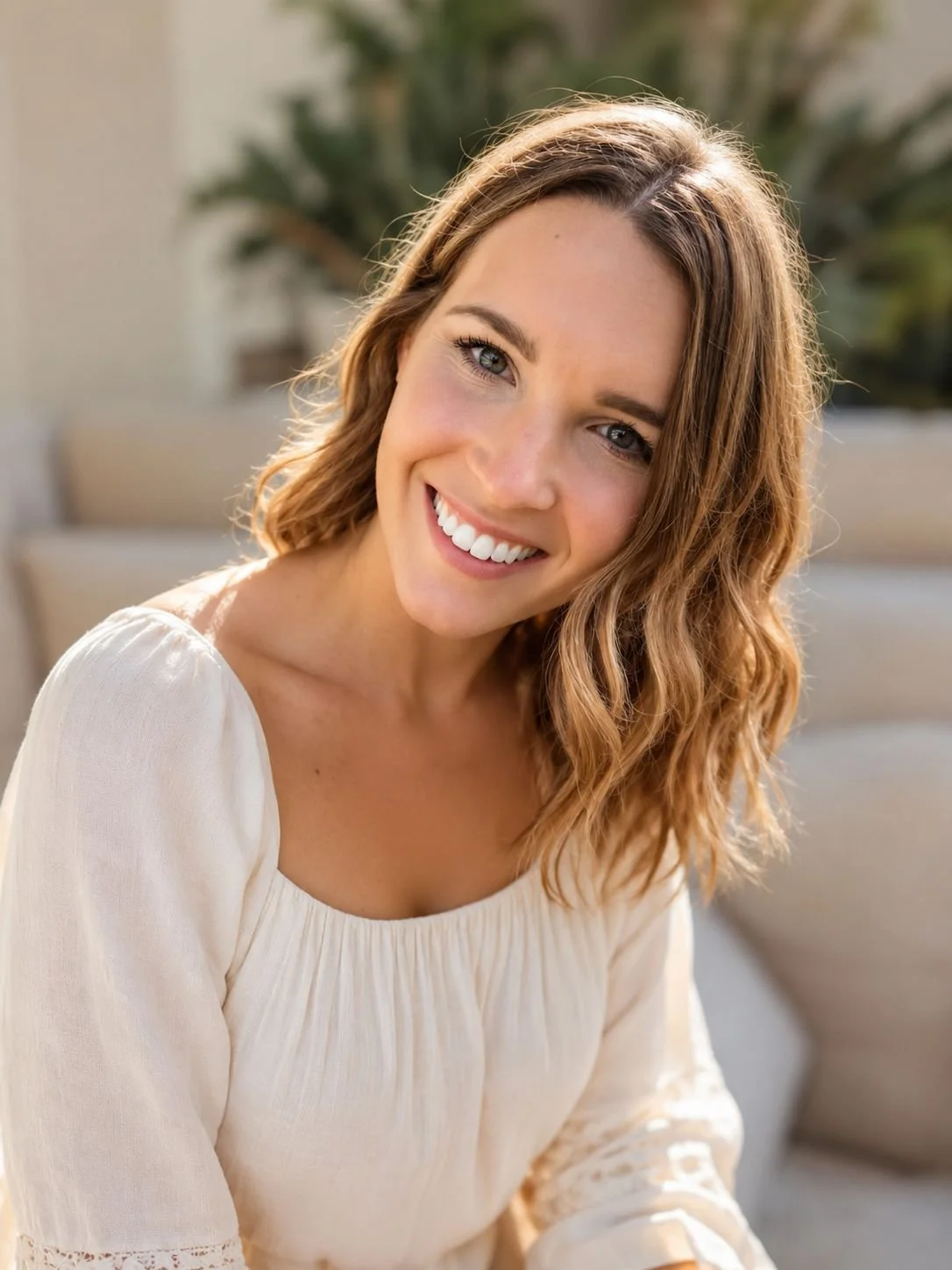 Portrait of a smiling woman with wavy brown hair and blue eyes, wearing a light-colored blouse, sitting outdoors with blurred greenery and furniture in the background.