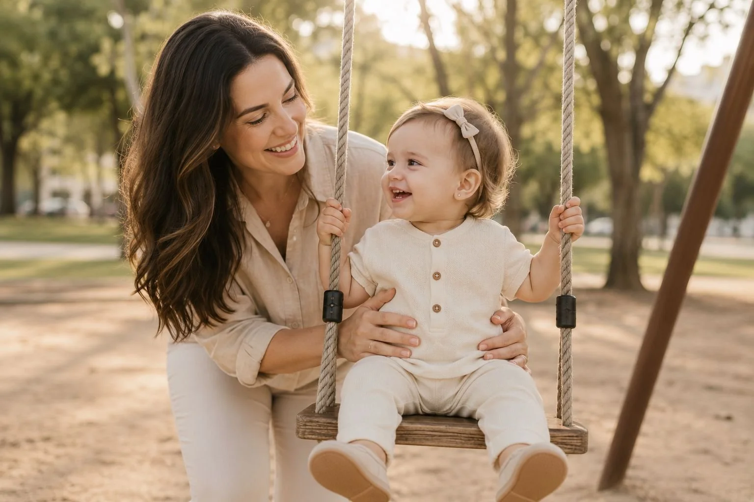 A woman and a young girl smiling on a swing at a park with trees in the background.