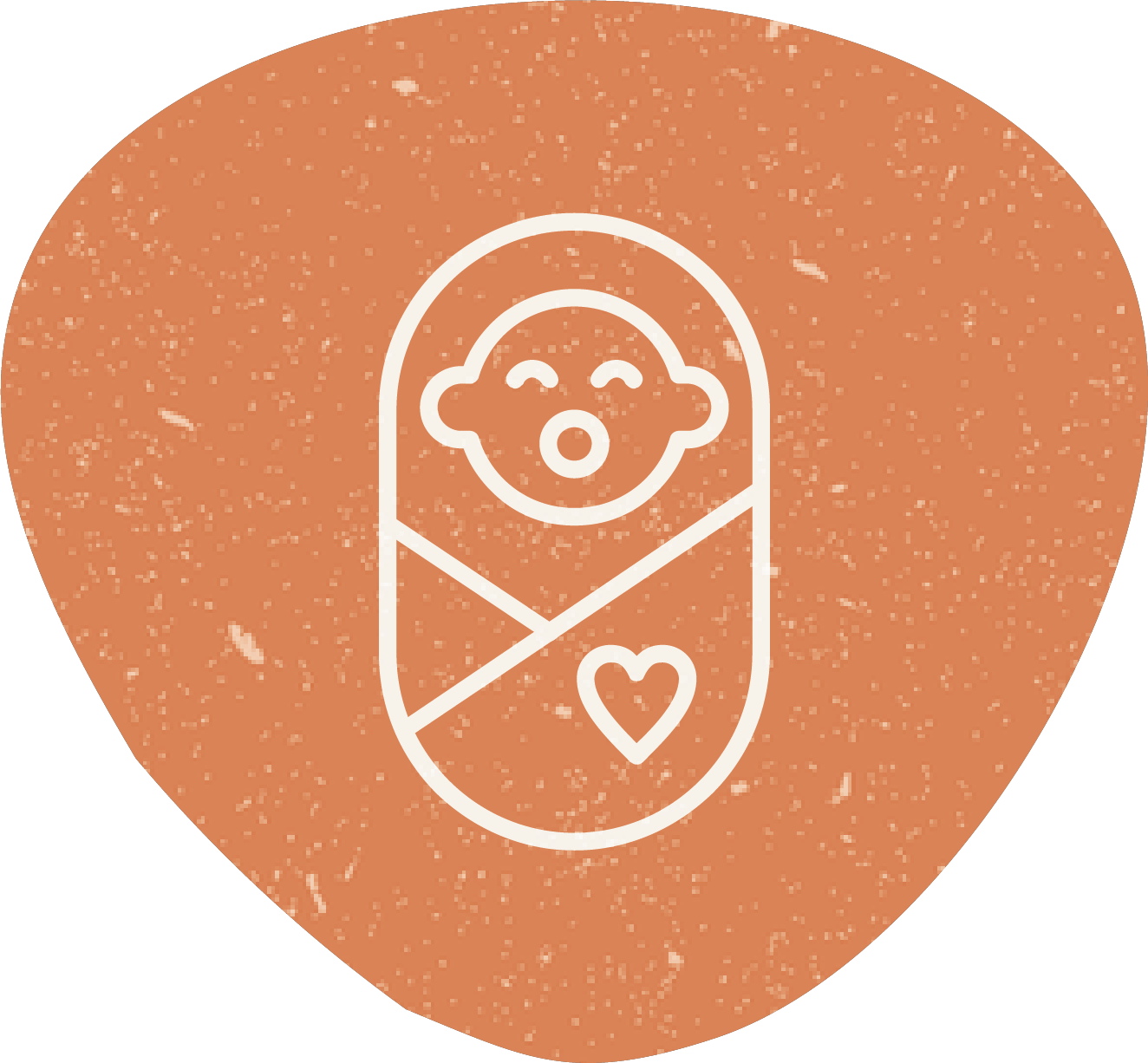 Line drawing of a baby swaddled in a blanket with a heart on it, inside a peach-colored circle.