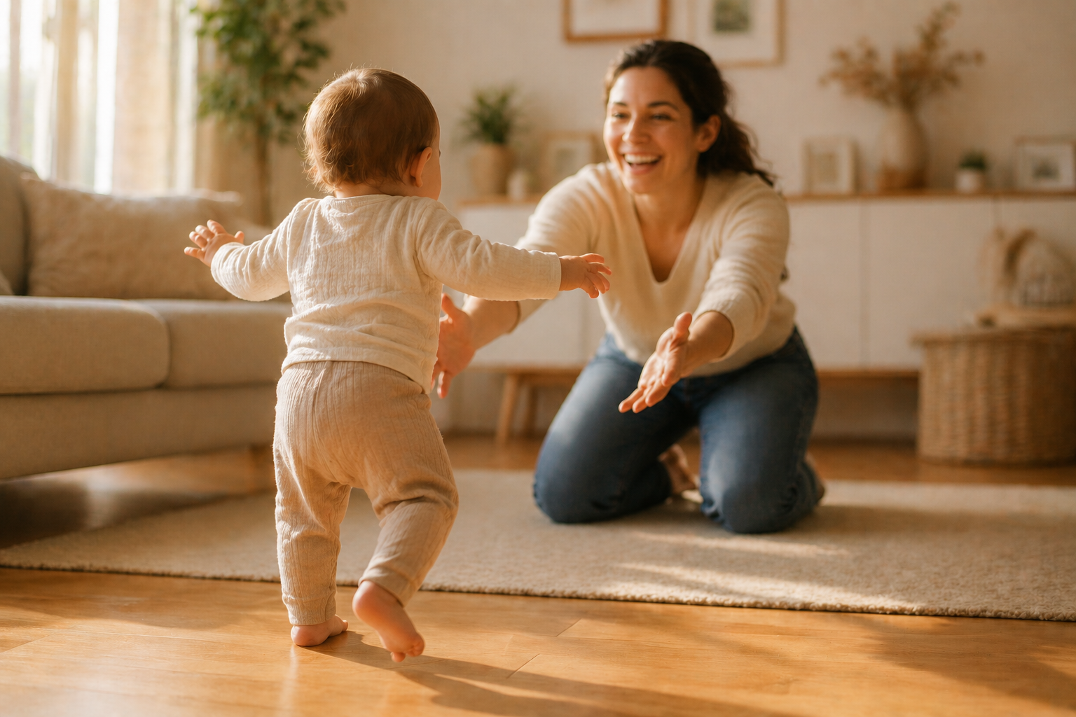 A woman and a toddler playing together in a living room, with the woman kneeling on the floor and the toddler standing with arms outstretched.