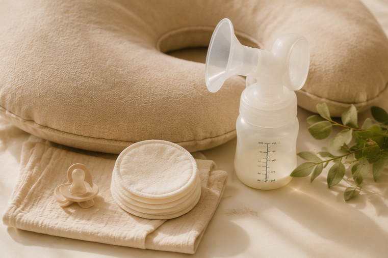 Breastfeeding pump, nursing pads, and a pillow on a bed with green leaves.