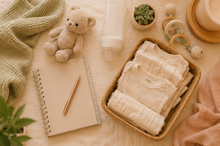 Baby essentials including a stuffed teddy bear, a water bottle, a notebook with a pen, a small potted succulent, a rattle, a candle, and a basket of folded baby clothes on a beige blanket.