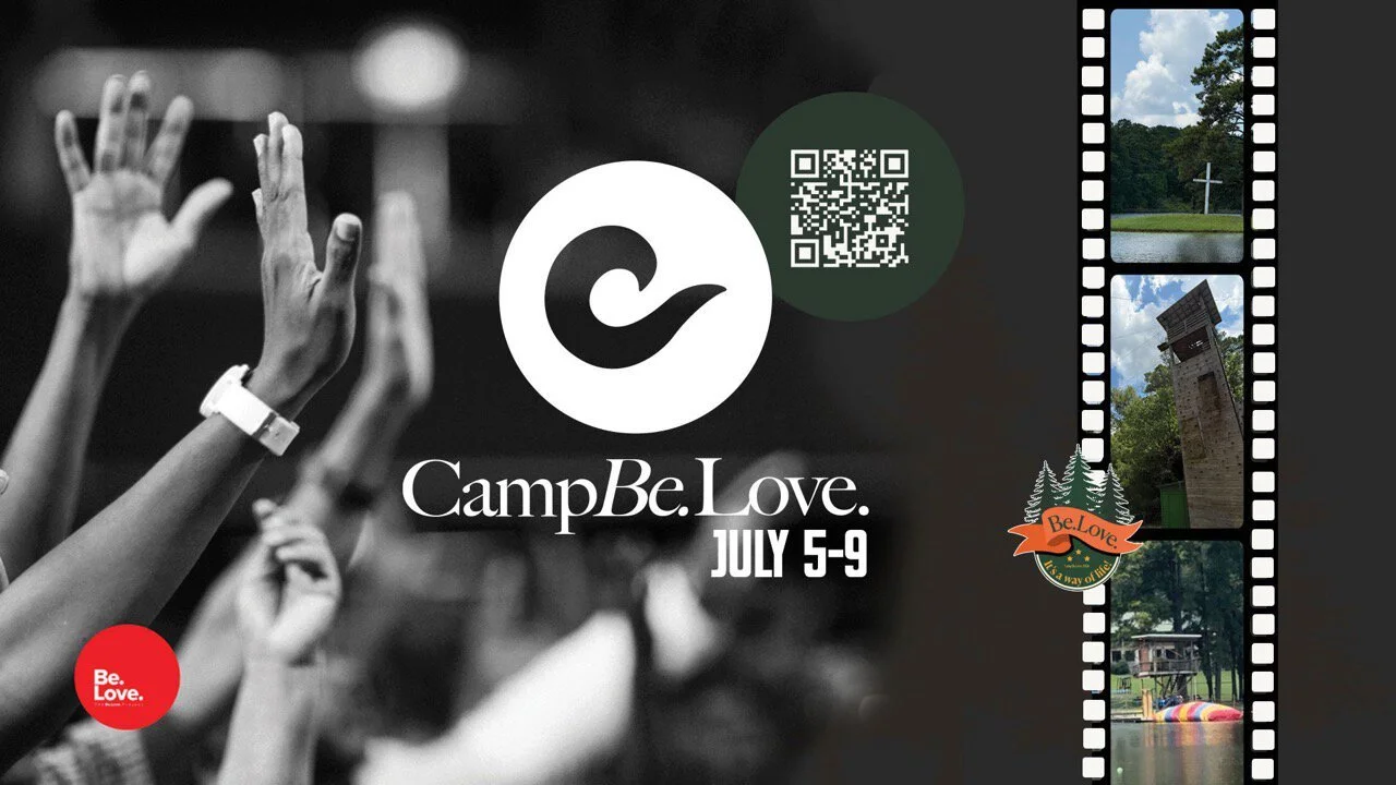 Black-and-white photo of raised hands at a gathering, overlaid with text promoting a camp event called "Camp Be Love" from July 5 to 9, with a logo, QR code, and a strip of photographs showing outdoor scenes and a cross.