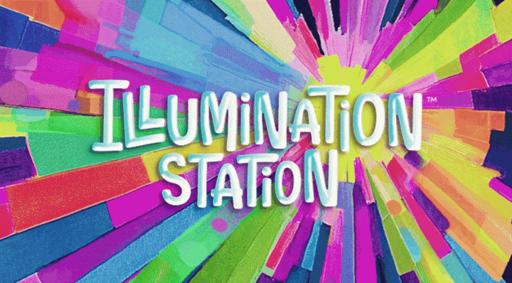 Colorful explosion background with the words "Illumination Station" in playful, multicolored font.
