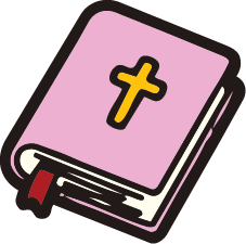 Illustration of a closed Bible with a pink cover, gold cross on the front, and a red ribbon bookmark