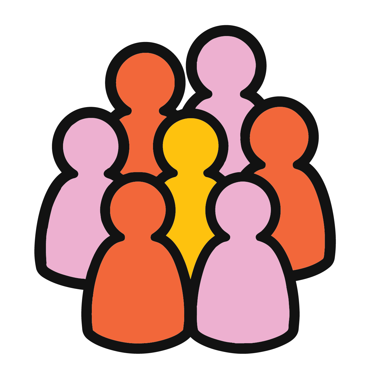 Illustration of a diverse group of people depicted as colorful, outlined figures in pink, orange, and yellow.