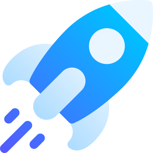 A blue and white rocket icon with a circular window, appearing to launch upward.