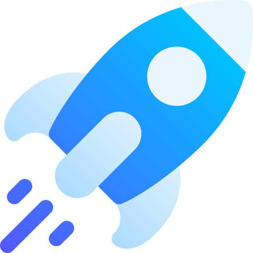 Icon of a rocket taking off, with a blue and white color scheme.