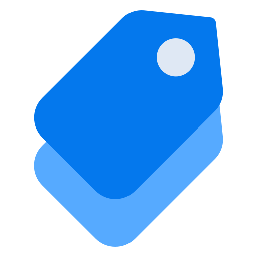 Digital logo with a blue tags icon and a white circle in the upper right corner.
