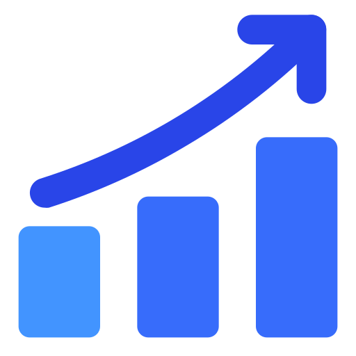 Blue upward-trending arrow over a bar chart with three bars that increase in height.