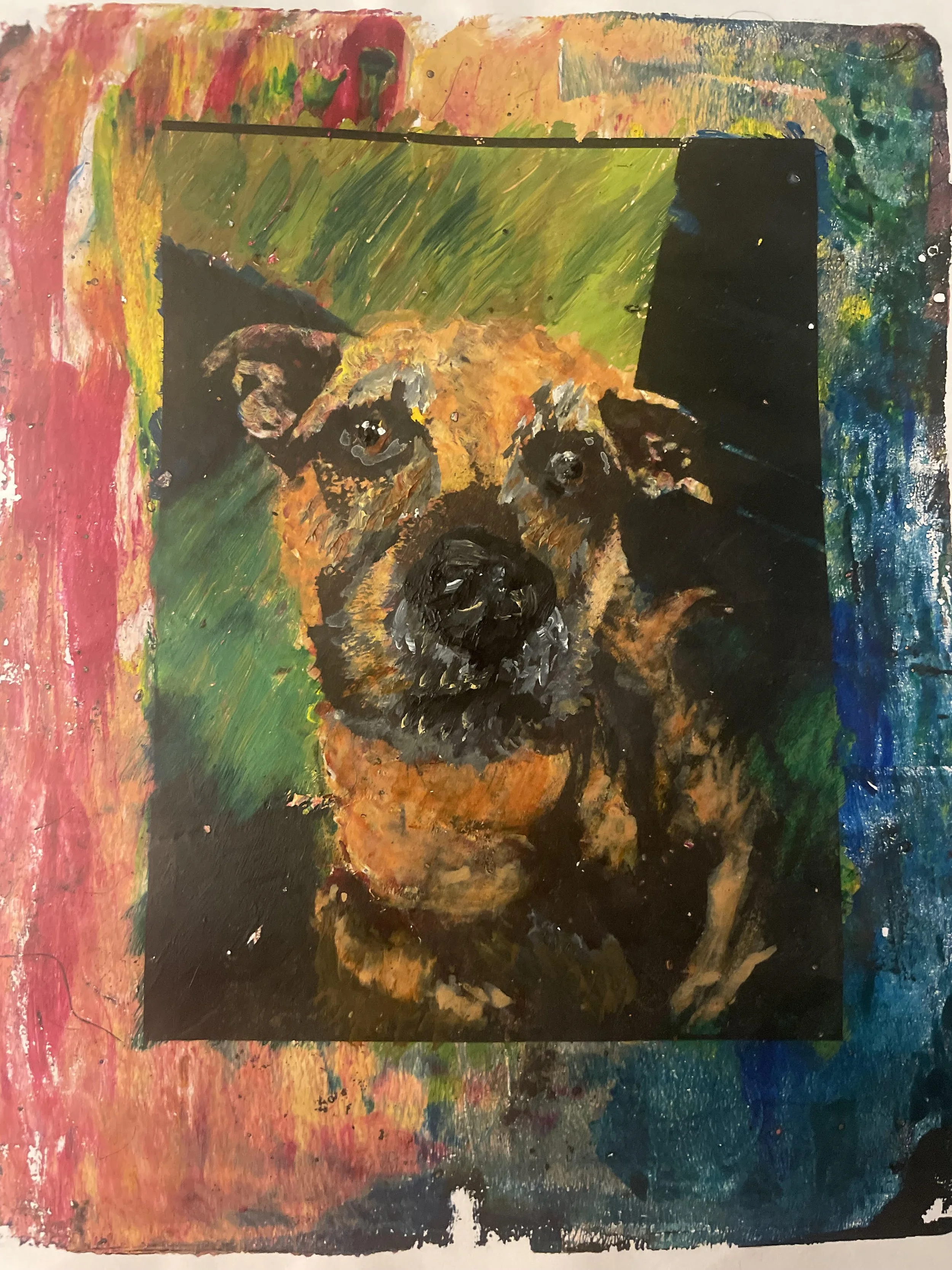 A colorful painting of a dog's face with expressive eyes, created with vibrant, textured brushstrokes on a multicolored background.