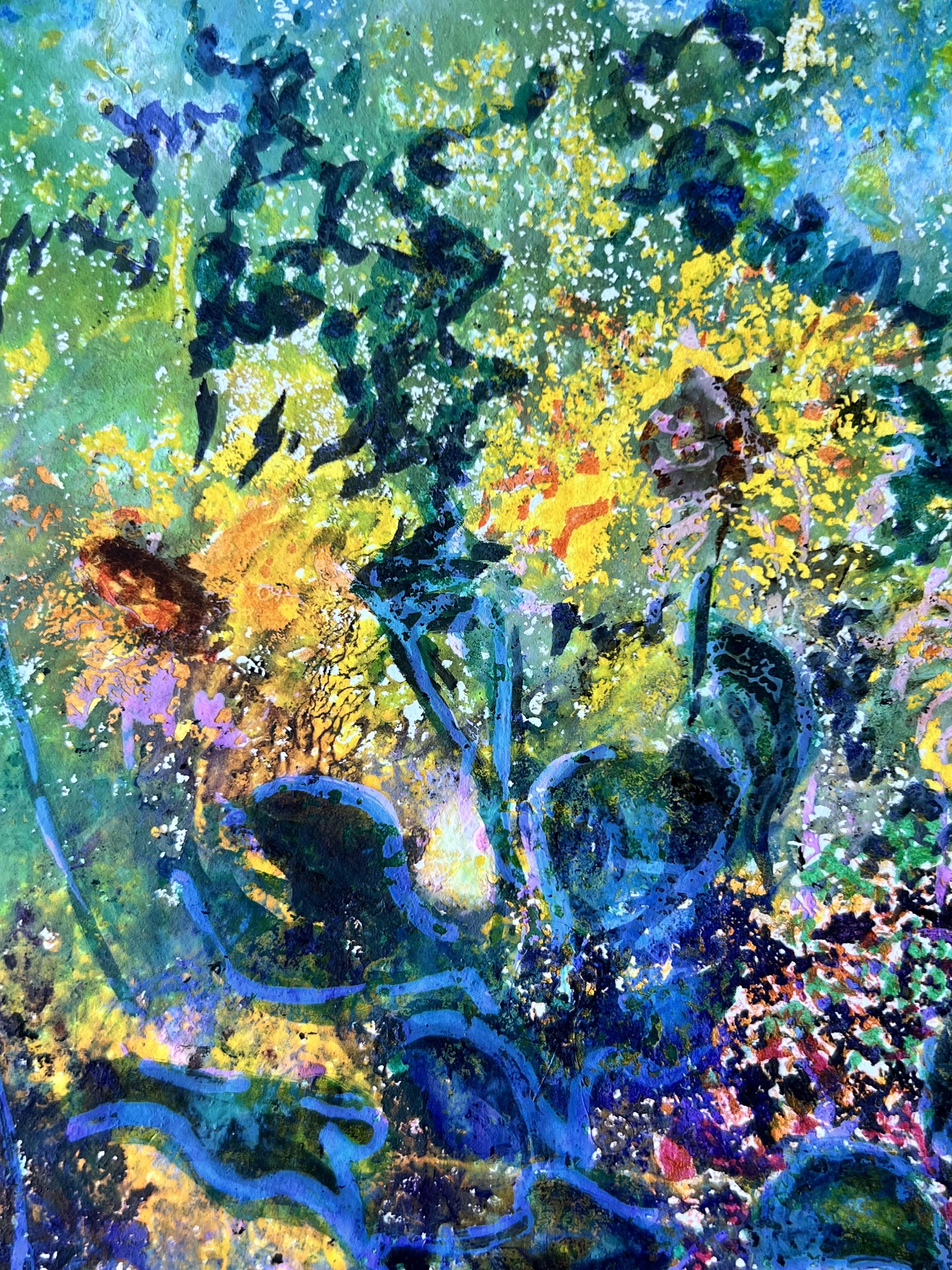 An abstract colorful painting featuring a blend of vibrant colors including green, yellow, blue, purple, and black with streaks and splatters, resembling a floral or botanical scene.