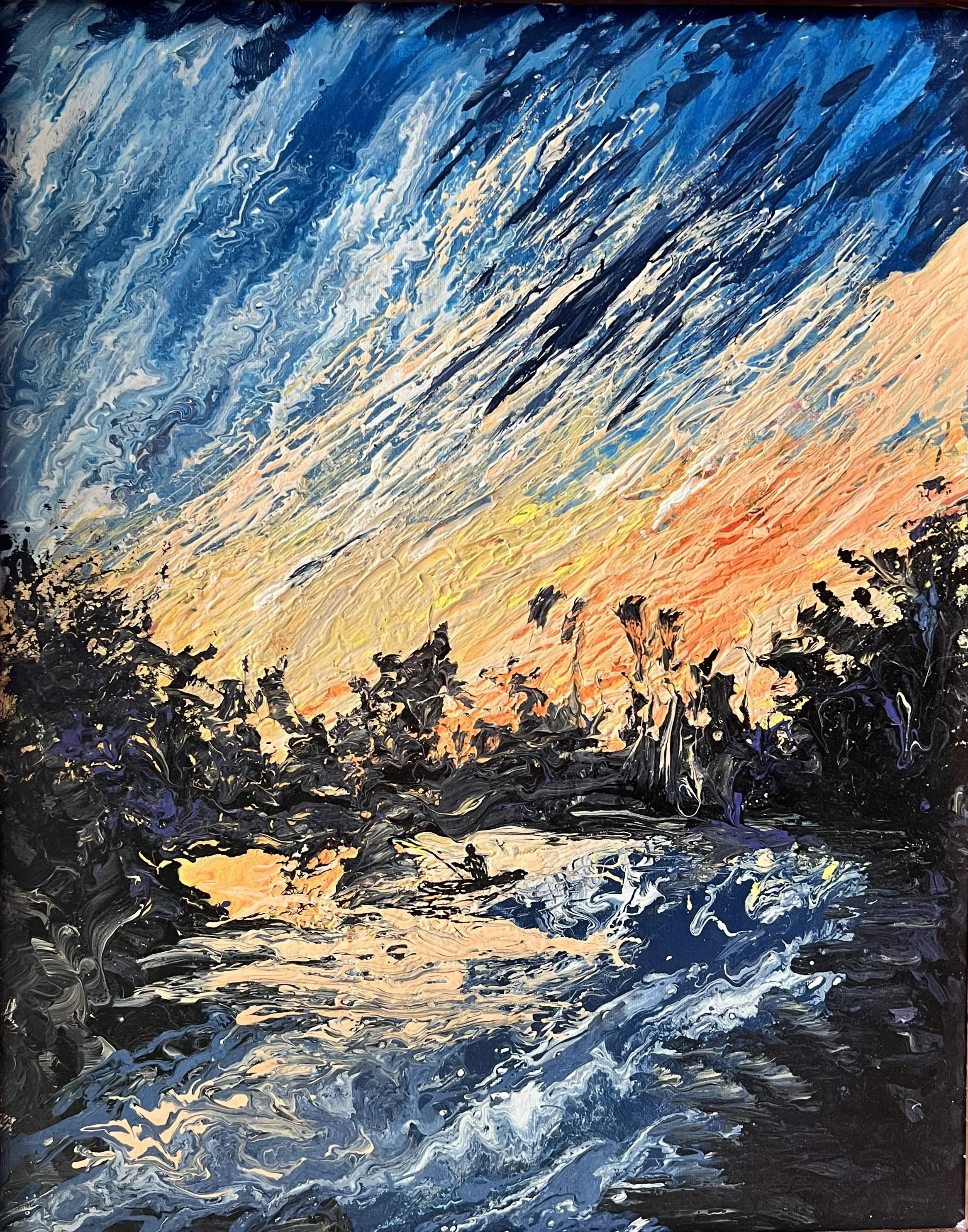 An abstract painting with swirling shades of blue, black, white, and hints of orange and yellow, depicting a dynamic, stormy sky or ocean scene.