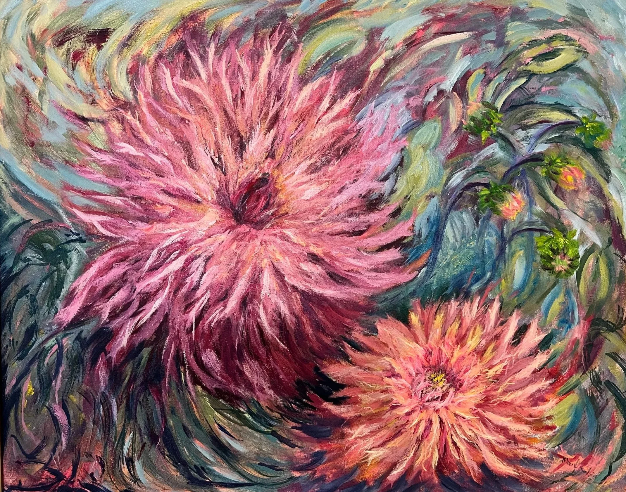 An abstract painting with swirling brushstrokes in shades of pink, purple, blue, yellow, and black.