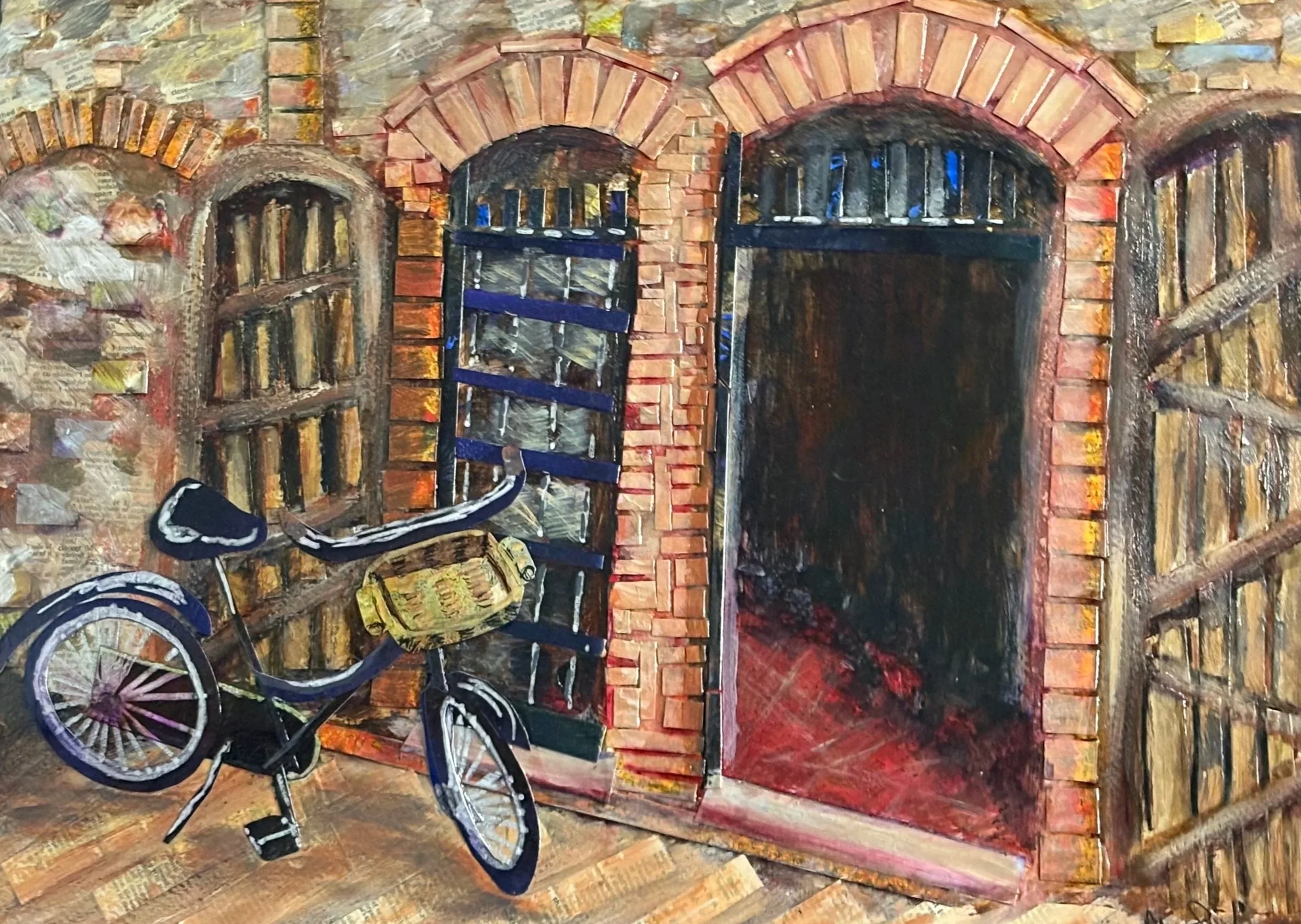 Painting of a bicycle leaning against a brick wall with arched windows, with the floor and background painted in warm earth tones.