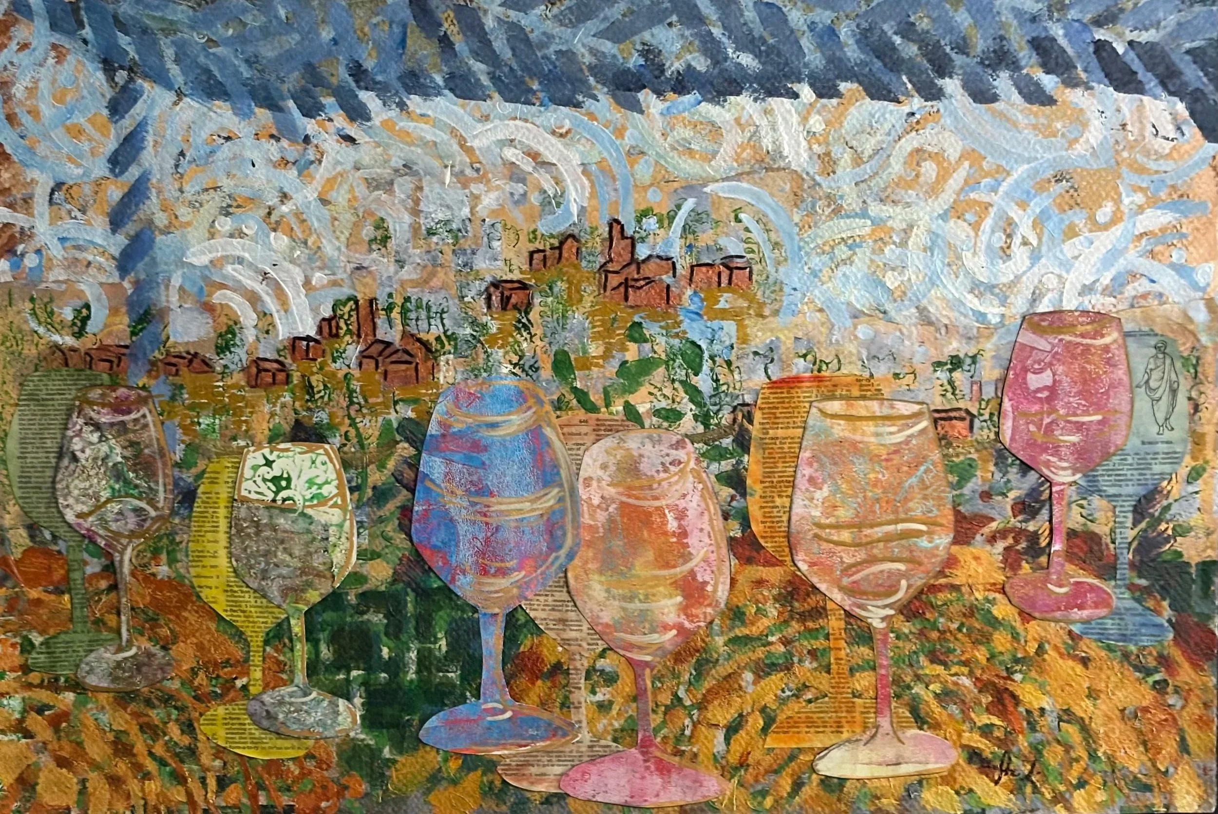 A collage-style artwork depicting a landscape scene with houses, trees, and a sky with swirling clouds. The collage uses a mix of painted and cut-out paper elements, including snippets of text. There are also illustrations of wine glasses and other o