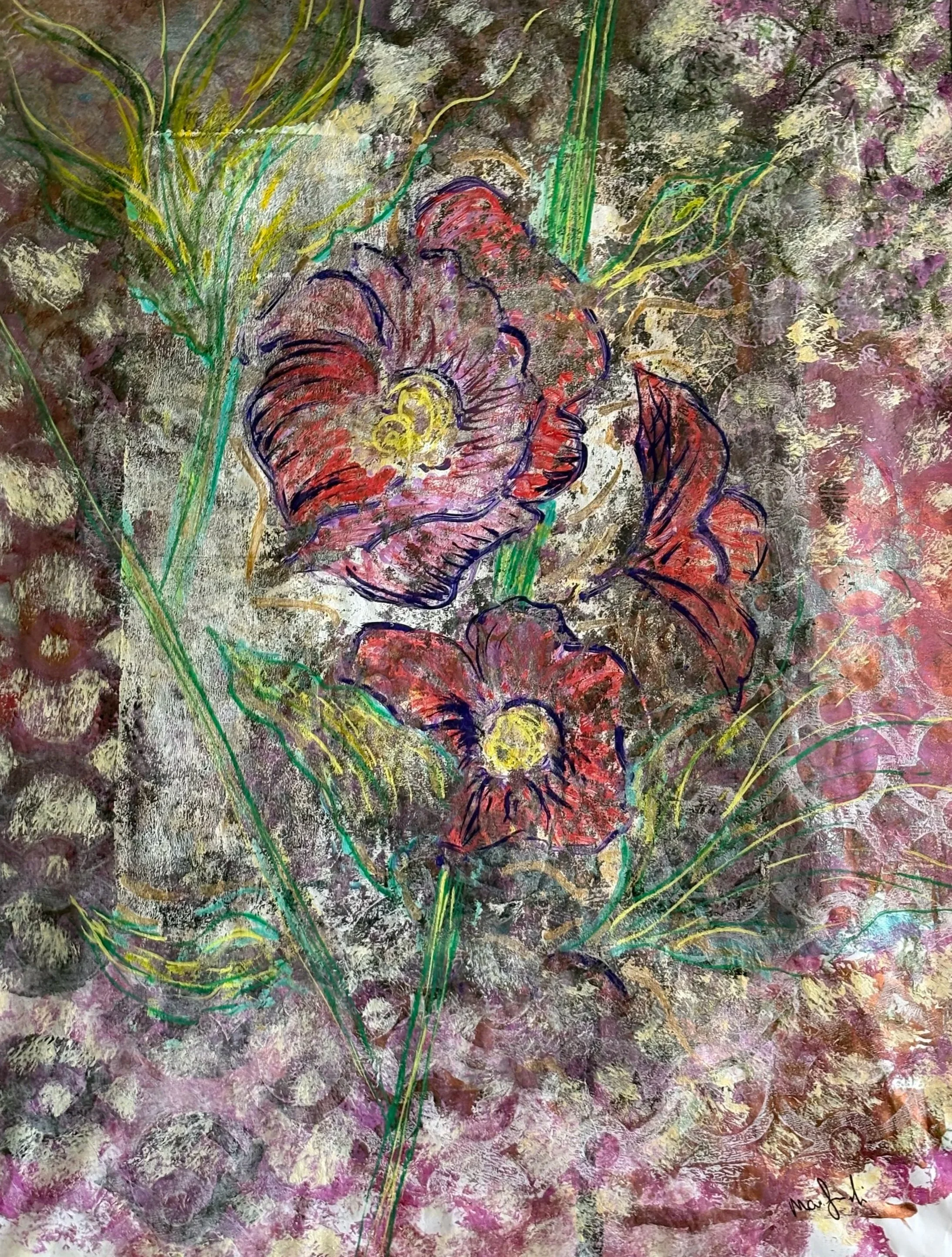 An abstract mixed-media artwork featuring layered textures and vibrant colors. Central to the piece are bold, sketchy outlines of a large flower with a yellow center and red and purple petals, surrounded by green stems and leaves. The background cons