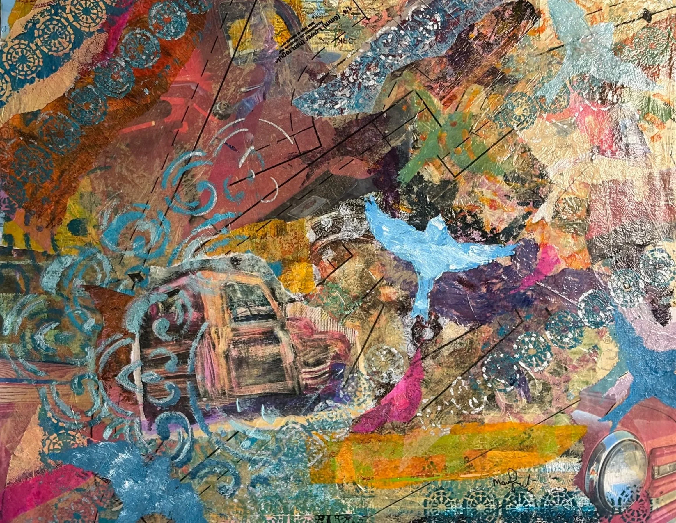 Abstract collage of various colors and patterns, including lace, splatters, and geometric shapes, with some black lines and text visible.